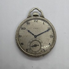 Elgin Art Deco White Gold Filled Ridged Bow Antique 17J Adj Pocket Watch Runs  