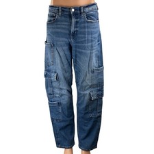 American Eagle Super High Rise Baggy Straight Women's Blue Cargo Denim Jeans 6