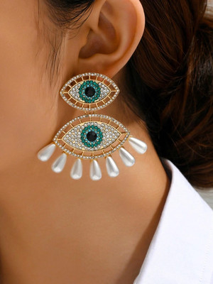   Glamouröse Strass Evil Eye Ohrhänger mit Kunstperlen Fransen