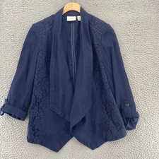 Chicos Jacket Womens 0 Navy Shimmer Lace Overlay Roll Tab 3/4 Sleeve Office Work