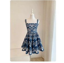 Women Floral Print Cotton Dress High Waist Sleeveless Mini Dress Beach Party