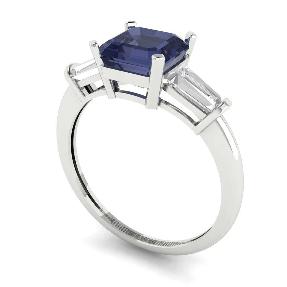 1.62 cttw Emerald Simulated Blue Sapphire 3 Stone Engagement Ring 14K White Gold - Image 2 of 4