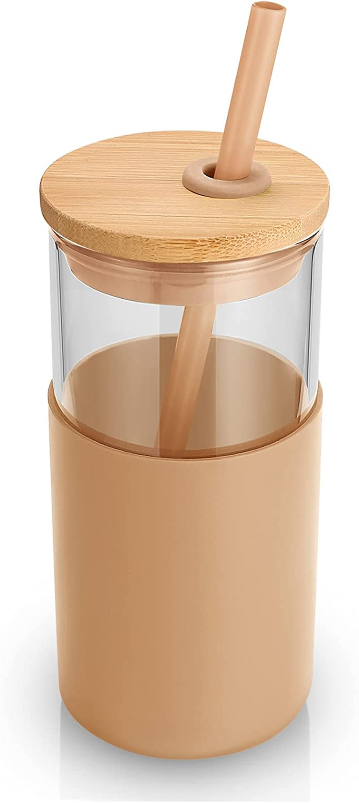 16 Oz Glass Tumbler with Straw and Bamboo Lid, Iced Coffee Cup Reusable, Smoothi