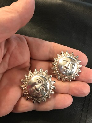 Large Sterling Silver Sun Face Stud Post Earrings TN-49 925 Mexico