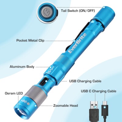 EverBrite 300LM Penna Torcia LED Ricaricabile USB-C Zoom Da 25m – Verde Alluminio