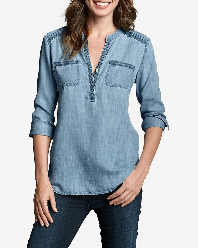Camisa Top Blusa Eddie Bauer Mujer Mediana Bordada Cambray Manga Larga Foto 2 de 4