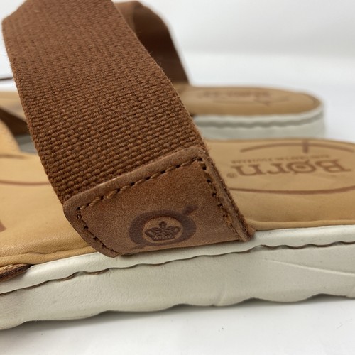 BORN Women’s Brown Leather & Fabric Flip Flop Style Sandal Shoes 8M No Toe Marks - Picture 6 of 15