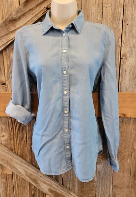 Ann Taylor LOFT Softened Shirt XS Chambray Button Up Roll Tab