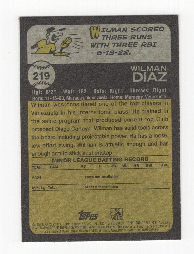 2022 TOPPS HERITAGE MINOR LEAGUE BASEBALL SP WILMAN DIAZ ACL DODGERS #219 - Image 2 of 2