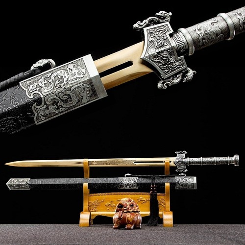 Hand Forged High Carbon Steel Real Chinese Jian 剑 Golden Blade Black Scabbard.