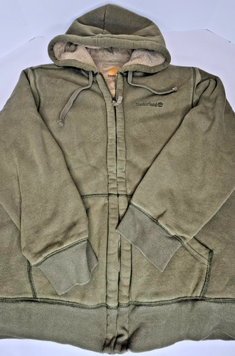 Timberland Full Zip Hoodie Sherpa Lined Sweatshirt Jacket Large Military Green