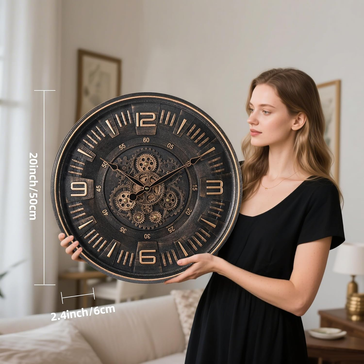 Large Vintage Moving Gear Wall Clock, 20''Battery Operated