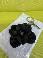 Black/Silver Faux Leather Flower Key Chain Keyring Bag Charm w/ Lobster Clasp