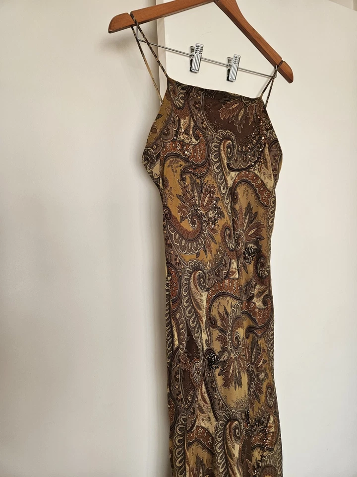 Vintage Silk Slip Dress Maxi Gown 10 12 Brown Paisley Y2K 90s Prom Bead Grunge - Image 2 of 4