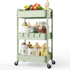 3 Tier Rolling Storage Cart, Metal Trolley Utility Cart with Wheels & Hooks, ...