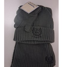 Chaps Boys Crest Hat Scarf Glove 3 Piece Giftable Set Grey Ribbed Knit
