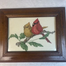 VTG Completed Cross Stitch Cardinal Birds On Branch Wood Frame 9.5”x7.5” Cottage