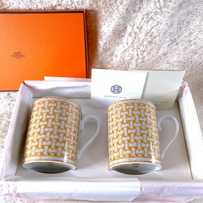 Hermes Paris Mug Cup Mosaique Au 24 Gold Porcelain Tableware Set of 2 with Case