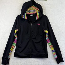 FILA Sport Jacket Womens Large Black Hooded Full Zip Track Thumbholes Striped
