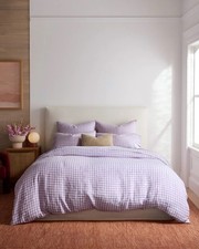 Quince Full/Queen European Linen Duvet Cover Set In Lavender Gingham 194 MSRP