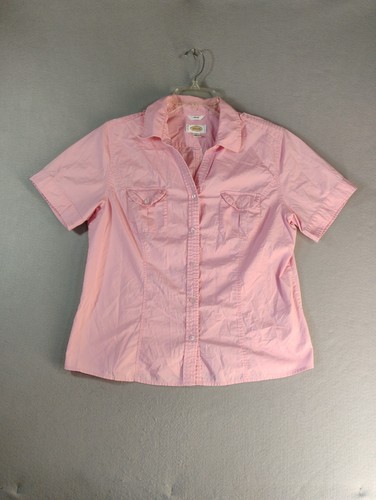 Talbots Womens Top Large Pink Stretch Short Sleeve Collared Solid Button Up - Picture 8 of 8