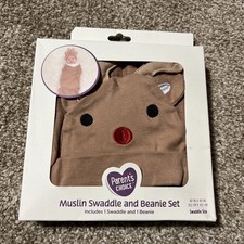 Swaddle and Beanie Set Brown Muslin 100 Cotton 40"x40" Parents Choice Reindeer