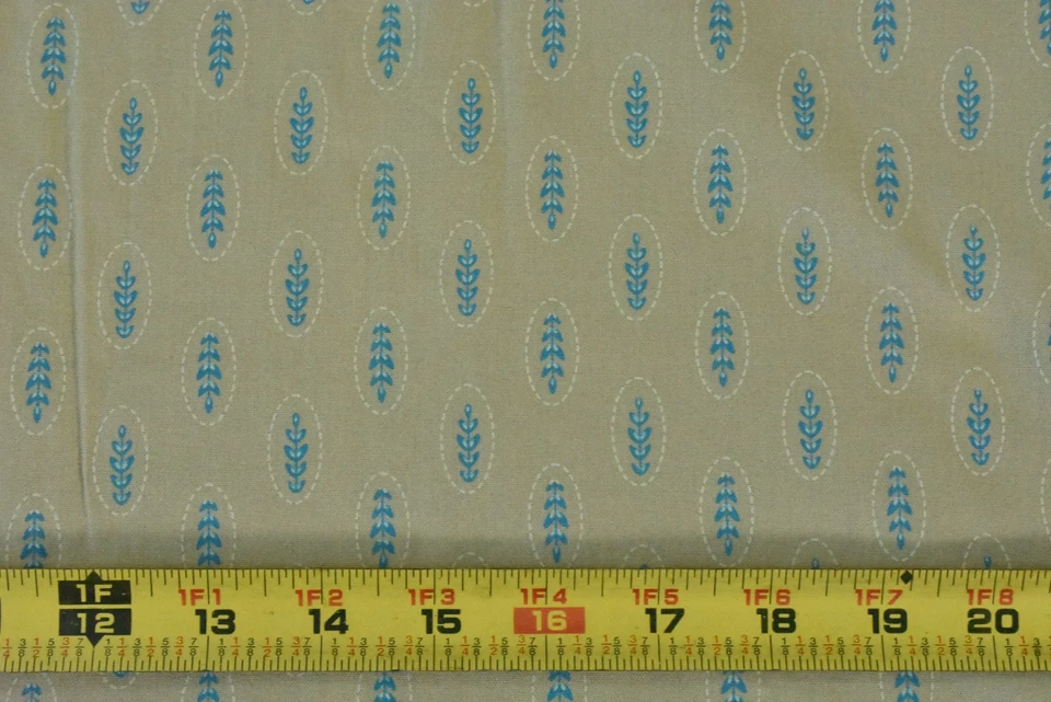 By 1/2 Yd, Blue Leaves on Tan Super-Combed-Cotton, Connecting Threads, V661 - Image 2 of 4