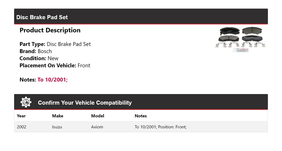 For 2002 Isuzu Axiom Bosch QuietCast Ceramic Brake Pads Front - Image 2 of 4