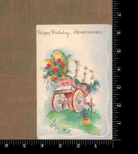 Tarjeta de felicitación de amistad vintage sin usar FELIZ CUMPLEAÑOS ABUELO, carro de flores - Imagen 4 de 6