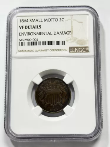 1864 Small Motto Two Cent Piece VF DETAILS NGC Bronze 2c US Coin Collectible