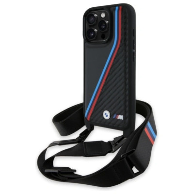 BMW M Series Carbon Tricolor Lines & Strap Case for iPhone 16 Pro Max 6.9'' Black