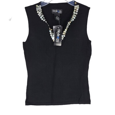 #ad Style amp; Co V Neck Black Tank Top Petite Small Sequin neckline Silk blend $9.98