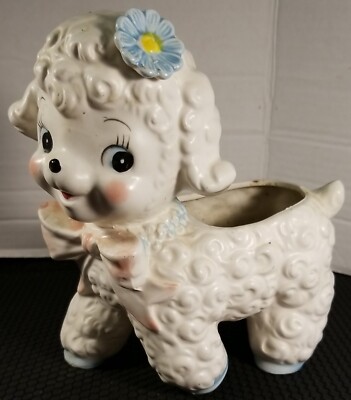 Vintage Relpo Samson Imports Baby Lamb Planter Blue Flower Pink Bow 