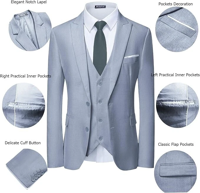 WULFUL Men's Slim Fit Blue Hemp Grey 2 Piece No Vest* S 38R 32W Peak Lapel 1B - Image 2 of 4