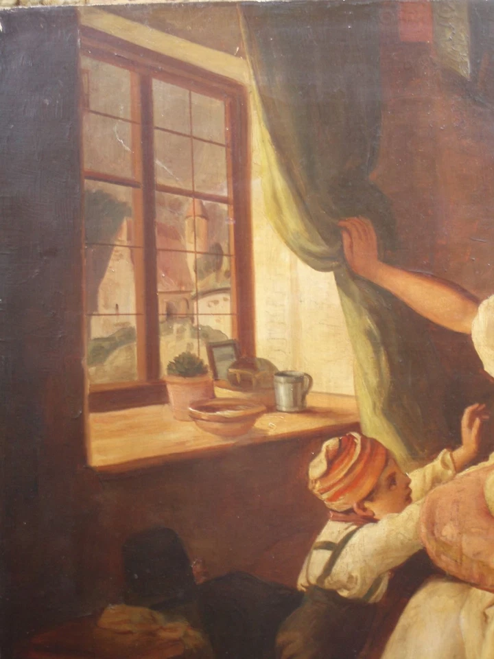 Ölgemälde Familie in einer Bauernstube Öl auf Holz wohl um 1880/90 - Bild 4 von 4