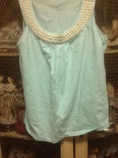 Talbots Light Blue White Beaded Neckline Pleated Top Tank Stretch Petite Small 