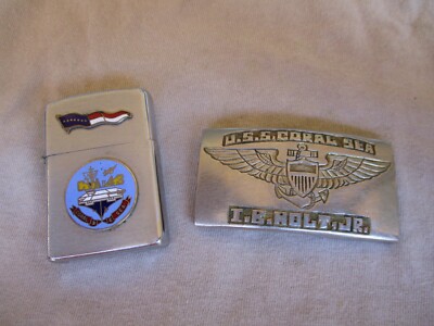 US Navy Pilot, Aviator Wings Belt Buckle & Lighter, USS Coral Sea, PI Made