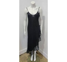Lady Cameo Dallas Black Vintage 70s Maxi Night Gown Side Slit Ruffle SZ Medium