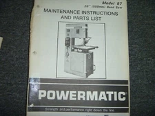 Powermatic Model 87 Band Saw 20" Parts Catalog & Maintenance Instruction Manual