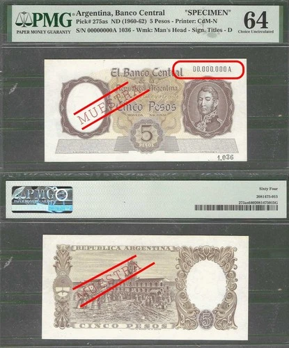 Argentina  P-275as  5 Pesos ND (1960-62)  Specimen PMG 64