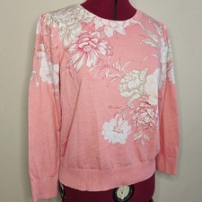 Talbots Floral Sweater Pink Crew Neck Cotton Blend Pull Over Knit Petite Large
