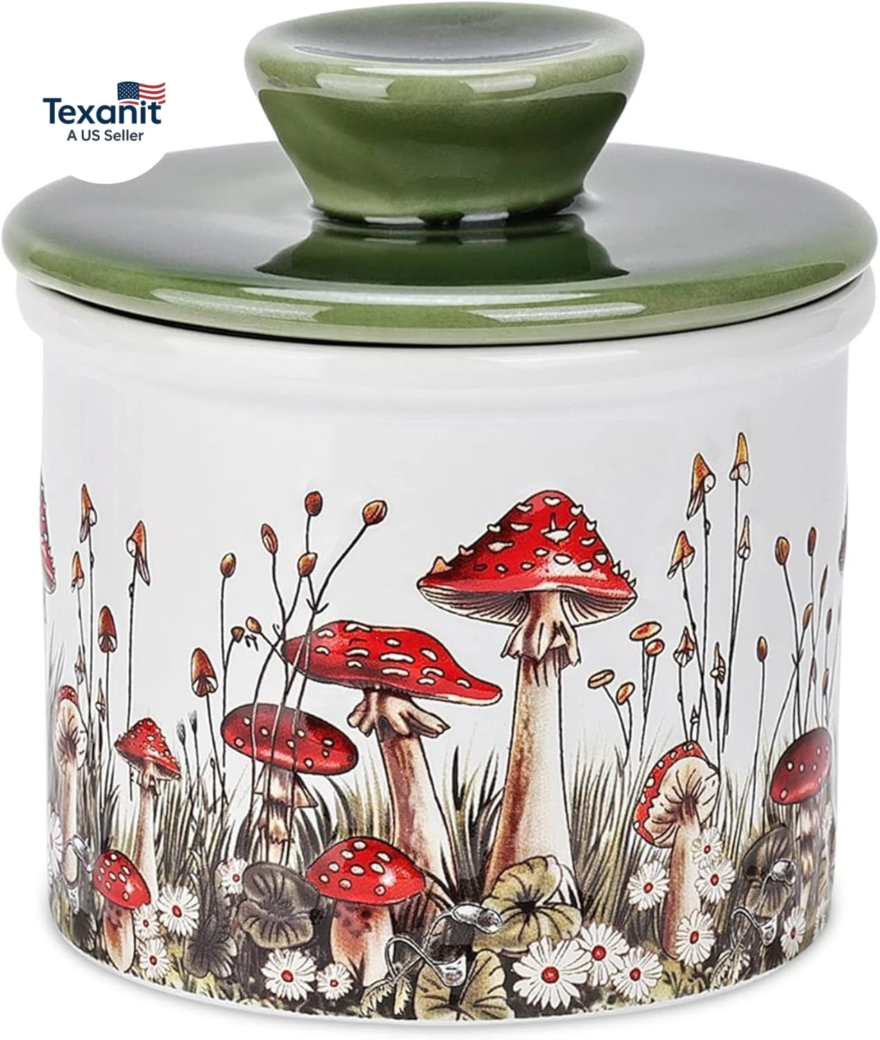 Mushroom Butter Crock, Ceramic French Butter Dish with Lid for Countertop, Decor
