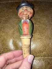 Vintage Hand Carved Wooden Bottle Stopper-Cork End, Moveable Mouth