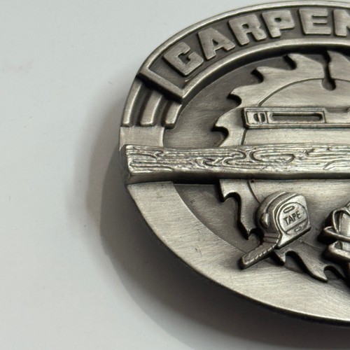 Siskiyou Carpenter Belt Buckle 1991 Pewter Hammer Saw Tape Measure Tool Design - Picture 8 of 11