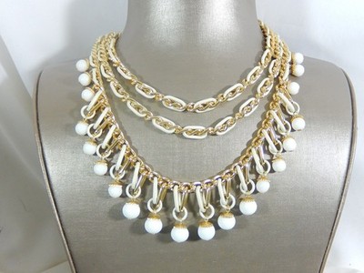 VTG 3 TIER GOLD TONE ENAMEL LUCITE CHACHA BEAD 15'' - 17'' BIB NECKLACE
