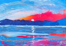 5x7"  Original Acrylic Painting on Canvas. Sunset Seascape. Beach. Ocean Art.