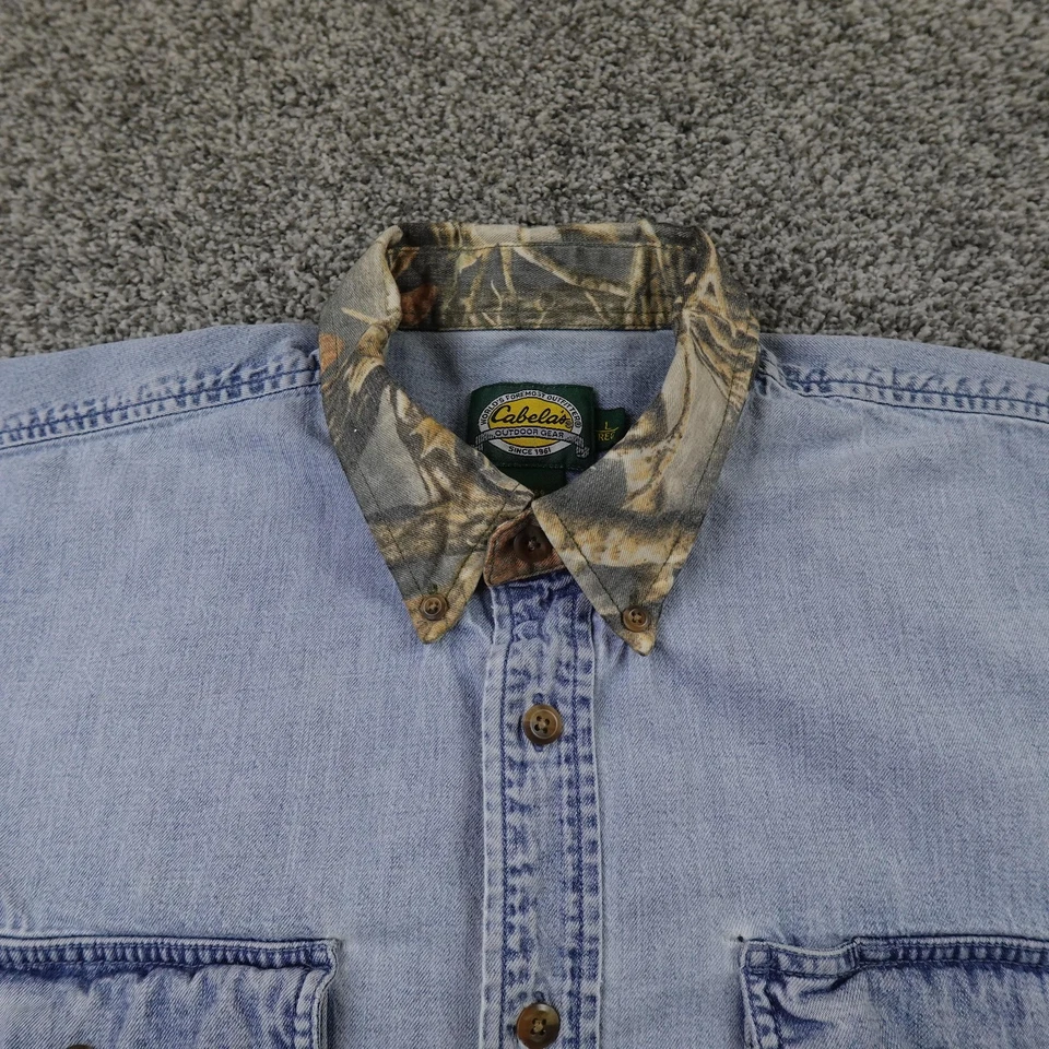 Camisa Denim Cabelas De Colección Para Hombres L Azul Manga Larga Camuflada Codos Parches Caza Años 90 Foto 2 de 4