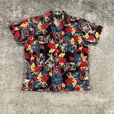 VTG Pauly Forbes Hawaiian Shirt Mens Large Black Abstract Postcard Floral Print