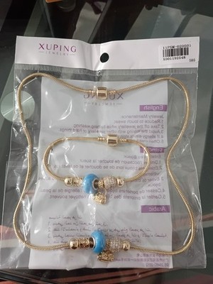 Xuping Jewelry Gold Tone Necklace Bracelet Set Blue Glass Beads Heart Design