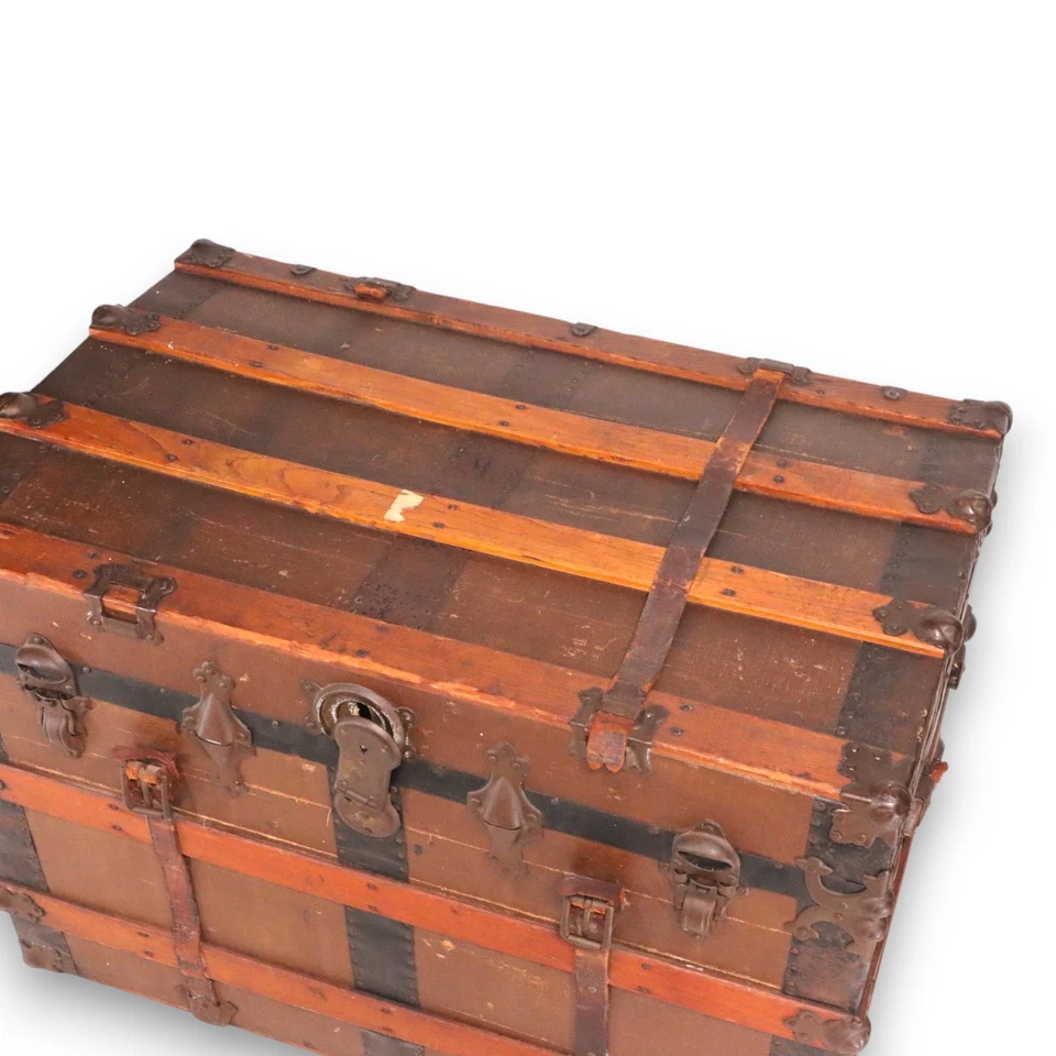 Flat Top Antique Steamer Trunk Brown Canvas Pirate Chest Coffee Table 1890's  - Image 4 of 4